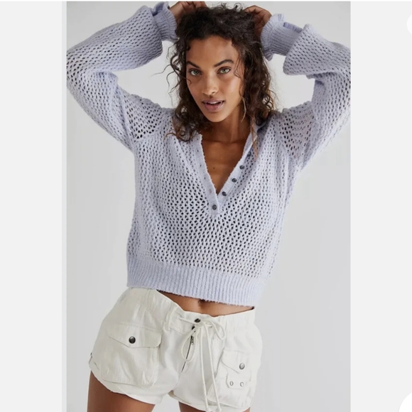 Free People Sweaters - NWT Free People Snowdrift Blue Open Weave Crochet Frill Cuff Collar Sweater